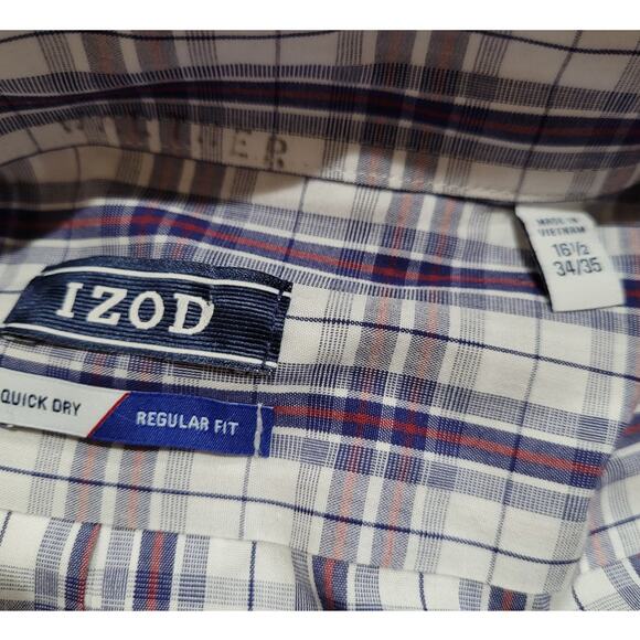 Izod Mens Plaid Dress Shirt 16.5 34/35 White Blue Gray Red Check Button Office - Picture 6 of 9
